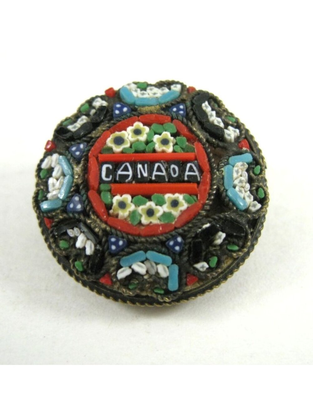 Canada Vintage Italian Micro Mosaic Souvenir Brooch Pin Brass Back READ